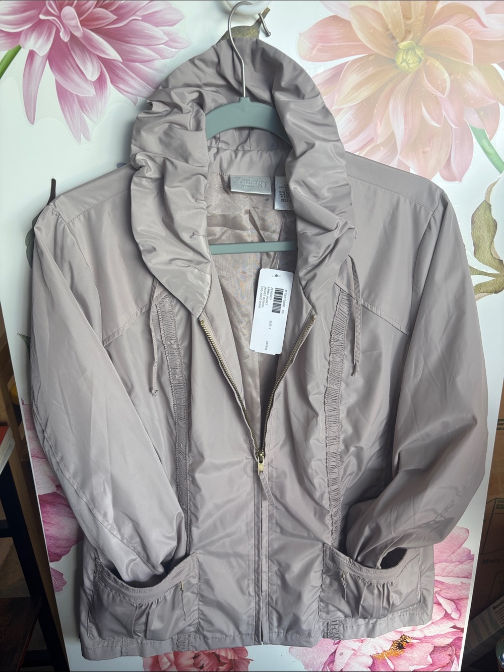 Zenergy by Chico's Light Taupe Ruffle Hood Bomber Jacket SZ 2